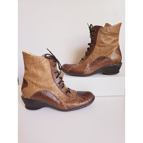 Victortian Boho Western Two Tone Colorblock Brown Lace Up Ankle Boots Shoes 37 7 - Picture 1 of 9